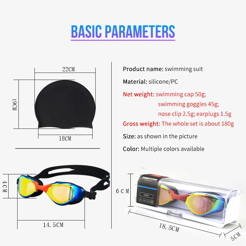 Großhandel Bade kappe und HD wasserdichte Brille 4-teilige Sets enthalten Ohr stöpsel Nasen clip Schwimmen benutzer definierte Erwachsenen Schwimm set