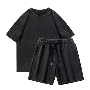 OEM Tùy Chỉnh Quá Khổ Cotton T Áo Sơ Mi Và Quần Short 2PC Set Dệt Kim Người Đàn Ông Quần Short Set Axit Rửa Rửa Cổ Điển Hai Mảnh Thiết Lập