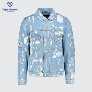 China jean fabricante al por mayor para hombre al por mayor azul apenado luz lavado denim chaqueta con efecto descolorido - Product Image 2