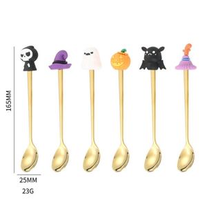 Cuchara de té y café personalizada para decoración de Halloween, juego de cubiertos de acero inoxidable 304/410, cuchara y tenedor dorados - Product Image 6