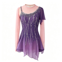 Robe de patinage artistique dégradé violet-rose avec strass et manches longues évasées en maille pour la compétition et les spectacles des adultes et des enfants