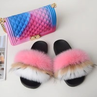 Sandales plates en fourrure moelleuse et duveteuse arc-en-ciel pour femmes L&J Fashion, logo personnalisé, fourrure de renard véritable, pour un massage chaud