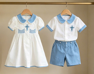 Vestido Bordado a Mano con Nudos, Estilo Vintage, Blanco y Azul, con Cuello Peter Pan y Bordado Cruzado, para Bautizo - Product Image 5