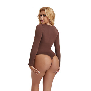 Plus Size Long Sleeve <b>Bodysuits</b> Fitness Jumpsuit <b>Thong</b> <b>Shapewear</b> for Women - Product Image 6