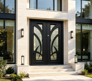Puerta Doble de Entrada Negra Contemporánea Qifan con Paneles de Vidrio Art Deco, Estilo Abatible, Acabado con Recubrimiento en Polvo, Diseño Duradero - Product Image 4