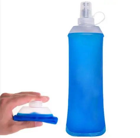 Botella de agua plegable de TPU de grado alimenticio suave para correr al aire libre de 500ML, bolsa de agua deportiva, frasco suave para apretar