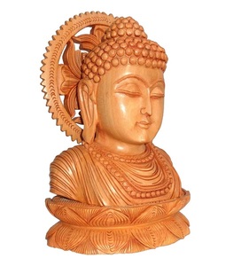 Sculpture de Bouddha en bois artisanale avec base de lotus soigneusement sculptée, décoration spirituelle traditionnelle pour la maison, ornement de table d'intérieur - Product Image 1