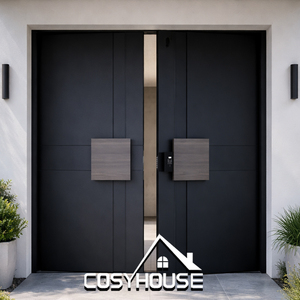 Modern Black Aluminum Double Front Entry Door with Wood Grain Accent Panels Minimalist Luxury Exterior Door - Product Image 1