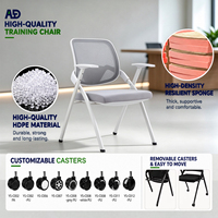 Chaise de formation ergonomique pliable avec tablette d'écriture, dossier en maille respirante, siège rembourré, cadre métallique à 4 pieds pour l'école et les conférences