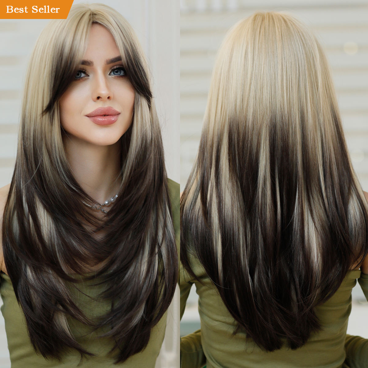 Long Straight Wigs with Curtain Bangs,Blonde Ombre Layered Wig for Women  Synthetic High Density Heat Resistant Dark Brown Hair