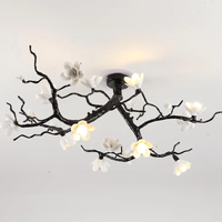 Plafonnier en céramique noir à motif floral, design rustique en forme de branche d'arbre avec abat-jour floraux