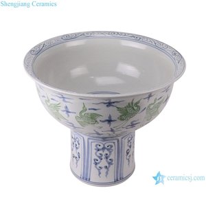Macetas de Cerámica de Pedestal Alto RZSX111-F de Jingdezhen, Diseño de Grullas Antiguas en Azul y Verde, Tazón Grande de Porcelana - Product Image 2