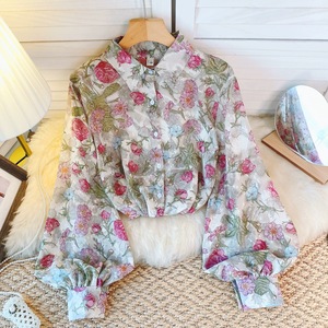 Camicetta Estiva da <span class=keywords><strong>Donna</strong></span> <span class=keywords><strong>in</strong></span> Poliestere Intrecciato con Perline e Graffiti, Maniche a Sbuffo Dolci, Dettagli Goffrati e Volant - Stile Europa America - Product Image 1