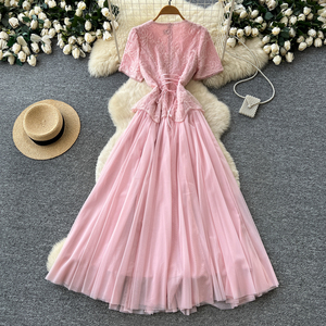 Abito midi estivo da donna elegante in tulle con pizzo, maniche corte, vita cinata, linea ad A, per ufficio e tempo libero - Product Image 4