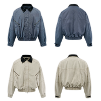 Blouson Bomber Homme Personnalisé en Toile Délavée Coupe Oversize, Veste d'Automne Homme avec Col en Cuir et Fermeture Éclair, Style Streetwear Court, Veste de Travail Homme
