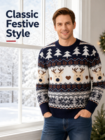 Ensemble de pulls de Noël assortis pour la famille, bleu marine, jacquard renne, tricot festif, personnalisation de marque OEM ODM