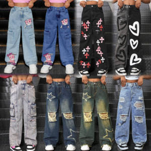Celana <span class=keywords><strong>Jeans</strong></span> dan celana panjang anak perempuan desain robek abrasi cetak saku kartun modis terlaris