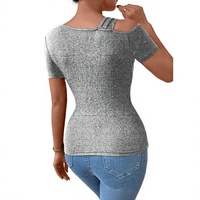 Kaos Pendek Wanita Eropa Musim Gugur Terbaru Bordir Asimetris Kerah Miring Bahan Denim/Kanvas Simpel Elastis untuk Sehari-hari Model Bertumpuk