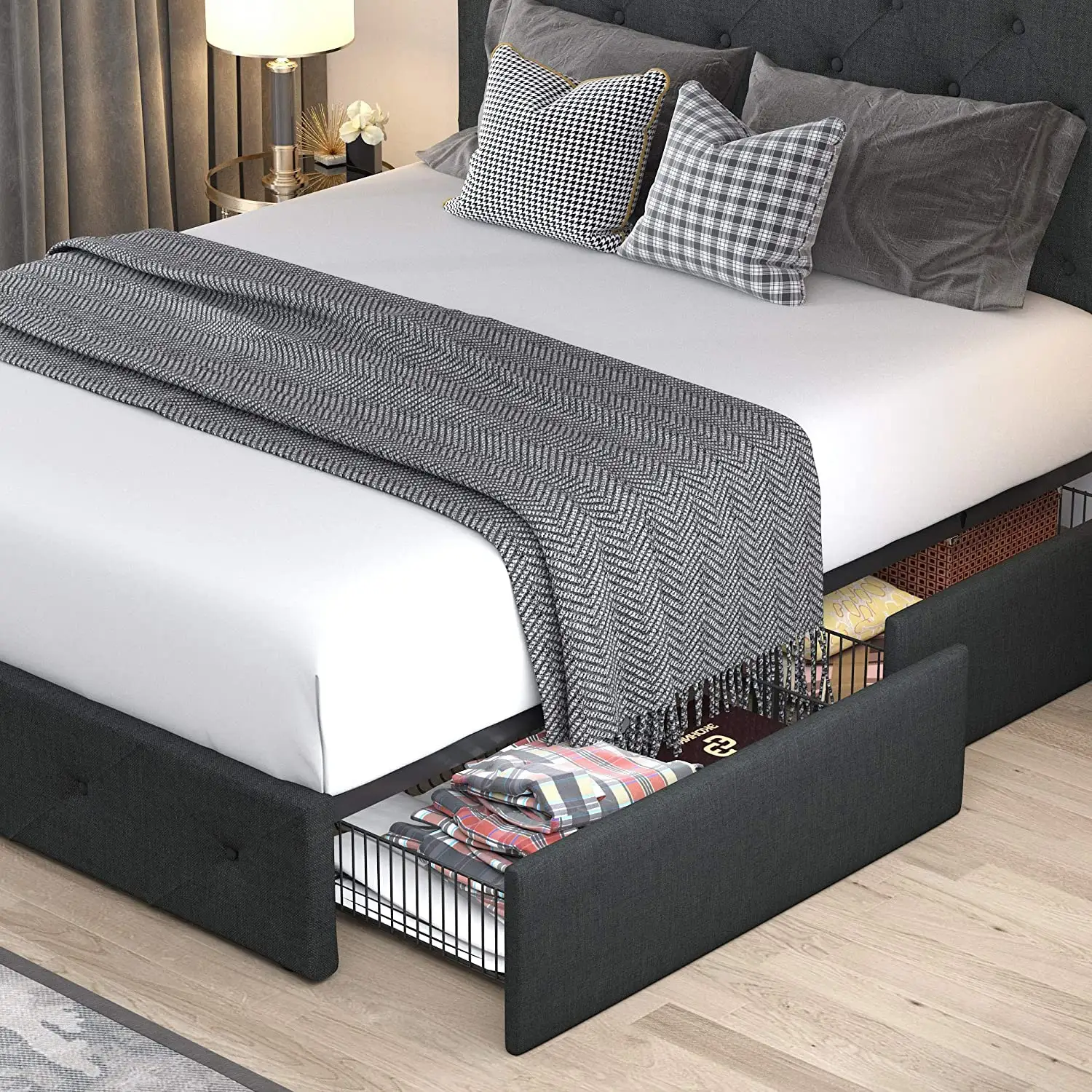 Modern Tufted Soft Button Upholstered Cheap Double Single Queen King Size Fabric Storage Bed Frame With Storage Drawers