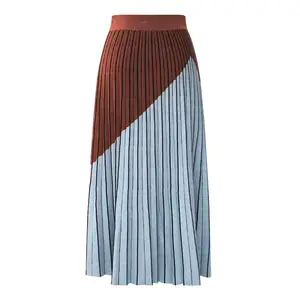 Oem Knitwear Manufacturers Custom Blue Brown 2 Tone Contrast Color Block A Line Pleated Knit Midi Stylish Skirts Women