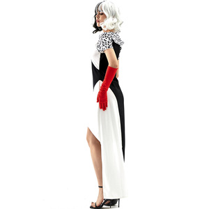 Traje de payaso de bruja en blanco y negro, traje de <span class=keywords><strong>Cruella</strong></span> de película de escenario, vestido de perro manchado, poliéster, mujer, Halloween, adulto - Product Image 5