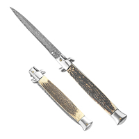 Couteau de poche pliant en acier Damas avec double renfort et manche en bois de cerf pour la chasse, le camping, le bushcraft et la collection