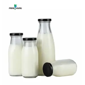 Portable clear empty round 12oz 350 ml glass drinking bottles for milk with plastic cap or metal lid