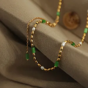 新款时尚创意珍珠项链女士可爱浪漫绿玉结婚锁骨项链首饰