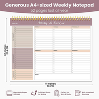 Bloc-notes de liste de tâches hebdomadaires, 50 feuilles non datées, couverture en PP, reliure cousue, personnalisable, 8,5x11 pouces, agenda hebdomadaire non daté, couverture rigide, pour le bureau