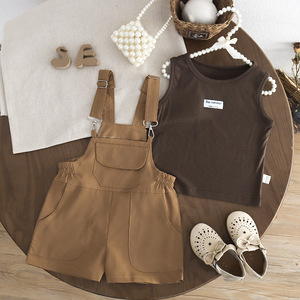 Completo Estivo 2024 per Bambine: Salopette con Colletto e Maniche Corte, Set Due Pezzi in Cotone Velour con Stampa Cartoon, Nuovo Stile dal Produttore - Product Image 1