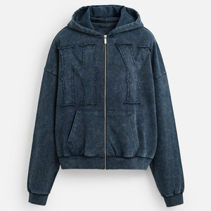 Snow Washed French Terry Distressed Embroidery Cropped Street Style Vintage Fashion Zippered Denim Hoodie <strong>Jacket</strong> for Men - Product Image 5