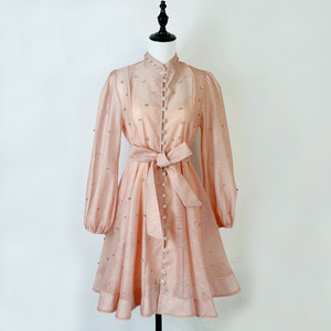 Vestidos de moda para mujer con cuello alto, estampado vintage, manga larga gruesa y manga farol con lazo - Product Image 6