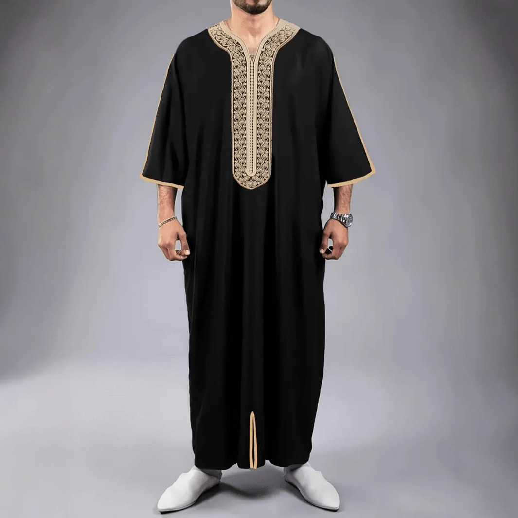 Men's Middle East Islamic Saudi Arabic Robes Short-Sleeved Embroidered Crew  Neck Kaftan Thobe Casual Ramadan Jubbah Dress| Alibaba.com
