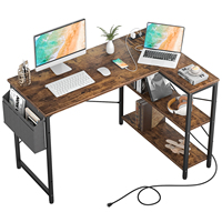 L-vormig metalen computerbureau met houten blad, 2 AC-aansluitingen, 2 USB-poorten, omkeerbaar, opklapbaar, milieuvriendelijk, modern thuiskantoor
