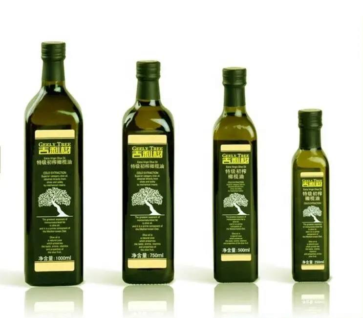 Üretici özelleştirilmiş 250ml 500ml 750ml yuvarlak kare koyu yeşil zeytinyağı cam şişesi mutfak cam pişirme zeytinyağı şişesi