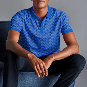 유연한 재활용 캐주얼 남성 패션 근육 니트 피케 패브릭 패턴 블루 폴로 플러스 사이즈 남성 셔츠