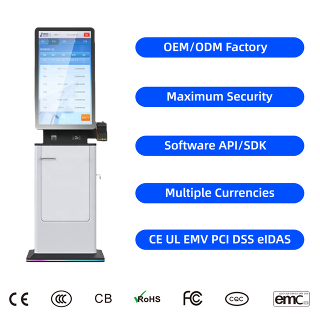 27 32 Inch Floor Stand Touch Screen Hotel Check in Payment Terminal Kiosk Self Service Cash Coin Acceptor Card Dispenser Kiosk