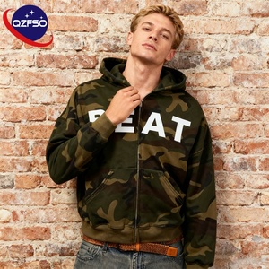 Fabricant personnalisé Hoddie Hombre DTG imprimé 420 GSM coton éponge français Zip up Camouflage Acid Wash Distressed Hoodie Men - Product Image 1