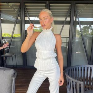 Dropshipping Custom Urban Wear Summer White <strong>Tops</strong> Women Business Casual Ruffle Halter <strong>Plisse</strong> Sleeveless Pleated Tank <strong>Tops</strong> - Product Image 2