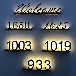 Numéro de chambre d'hôtel personnalisé 3D Led éclairé numéros de maison en acier inoxydable numéro de plancher de chambre d'hôtel Led signes de Logo