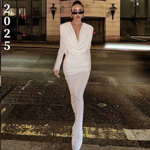 LM R569 <span class=keywords><strong>Robe</strong></span> blanche personnalisée de haute qualité pour femmes, col en V profond, gaze mince, manches longues, haut de gamme, longueur plancher avec taille naturelle - Product Image 1