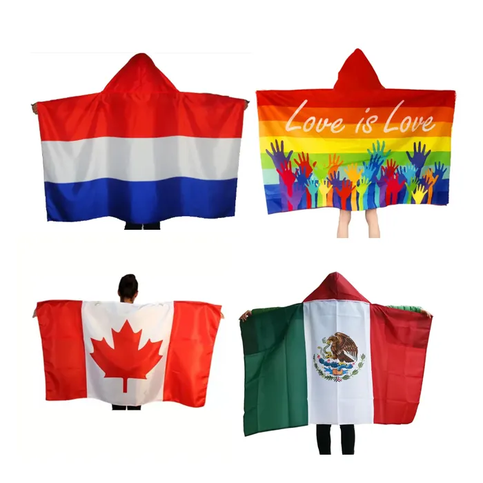 Ventas al por mayor cualquier tamaño 100% poliéster Color personalizado país nacional impreso Logo niños adultos deportes cuerpo bandera con capa