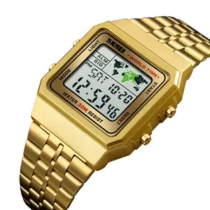 SKMEI 1338 hourly chime square watch digital reloj world time wrist men's watch luxury metal waterproof 30m