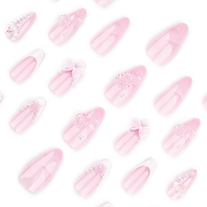 <span class=keywords><strong>Uñas</strong></span> postizas acrílicas personalizables al por mayor, estilo almendra, color <span class=keywords><strong>rosa</strong></span> nude y blanco francés, con lazo <span class=keywords><strong>de</strong></span> <span class=keywords><strong>rosa</strong></span> 3D, estilo dulce y femenino, medianas, <span class=keywords><strong>de</strong></span> presión. - Product Image 3