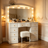 En gros Coiffeuse moderne blanche pour hôtel avec miroir LED, 9 tiroirs et tabouret rembourré, mobilier de chambre
