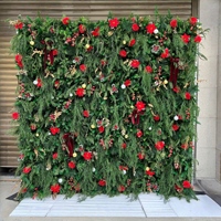 Kain dekorasi Natal dapat dilepas buatan bunga Berry merah dinding kedatangan baru lengkungan latar belakang emas cabang pinus tanaman hijau