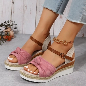 Sandali con Zeppa e Cinturino alla Caviglia in Lino e Pelle PU con Fiocco Marrone - Novità 2024 per Donna - Product Image 1