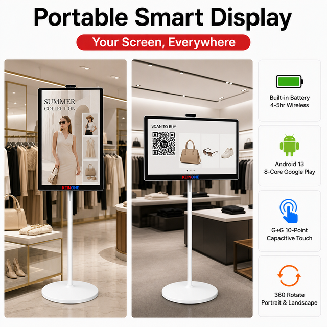 KEINONE Moveable Smart Screen Wireless TV Stand with Battery Android 13 Portable Touch Display for Retail & Home