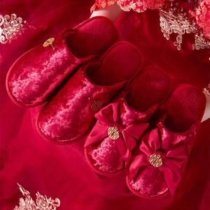 Düğün terlik Jubilant gelin damat parti peluş terlik yumuşak lüks pembe koyu kırmızı sandalet kolye mutlu kürk terlik - Product Image 3