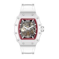 TIME TOKEN Montre ovale squelette pour homme Mouvement automatique Boîtier en plastique transparent Bracelet en silicone étanche Affichage du cadran analogique